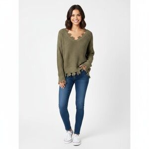 VERSONA Womens Sweater Size S Olive Green Distressed Ribbed Scoop Neck Boho